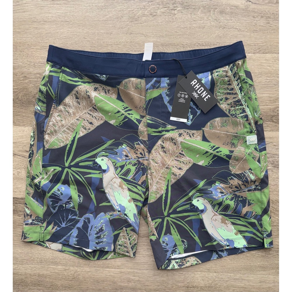NWT Rhone Barrier Swim Short, Large Birds Leaves